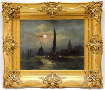 Aft. Edward Moran Nocturnal Ship Painting: Aft. Edward Moran Pennsylvania, New York,1829-1901 Impressionist depiction sailboats at dock illuminated by the light of a full moon. Moran was in Philadelphia at the height of clipper ship