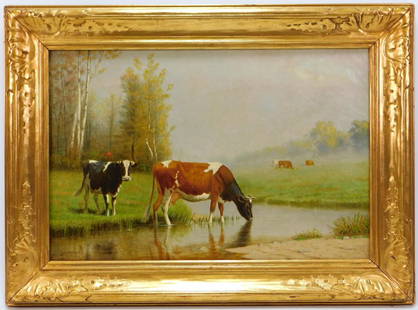 Clinton Loveridge Impressionist Cows Painting: Clinton Loveridge New York, New Hampshire,1838-1915 Depicts a herd of grazing cows in a field by a stream. Loveridge was a landscape painter before enlisting in the 1st Regiment of Berdan S.S.