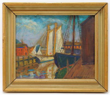 Whitney M. Hubbard Maritime Dock Painting: Whitney Myron Hubbard New York, Connecticut,1875-1965 Depicts two sailing vessels at dock reflecting off glistening waters. Oil on board,Board 10 1/2" x 12 3/4".Frame 14" x 16 1/4" Signed "Whitney