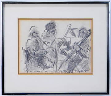 German Expressionist String Trio Charcoal Drawing: Germany,1979 Modernist work depicting a string trio seated in a circle playing at the Lenbachhaus Gallery in Munich, Germany. Charcoal on paper,Sight 6 3/4" x 9 1/8".Frame 11 7/8" x 13 3/4" Titled,
