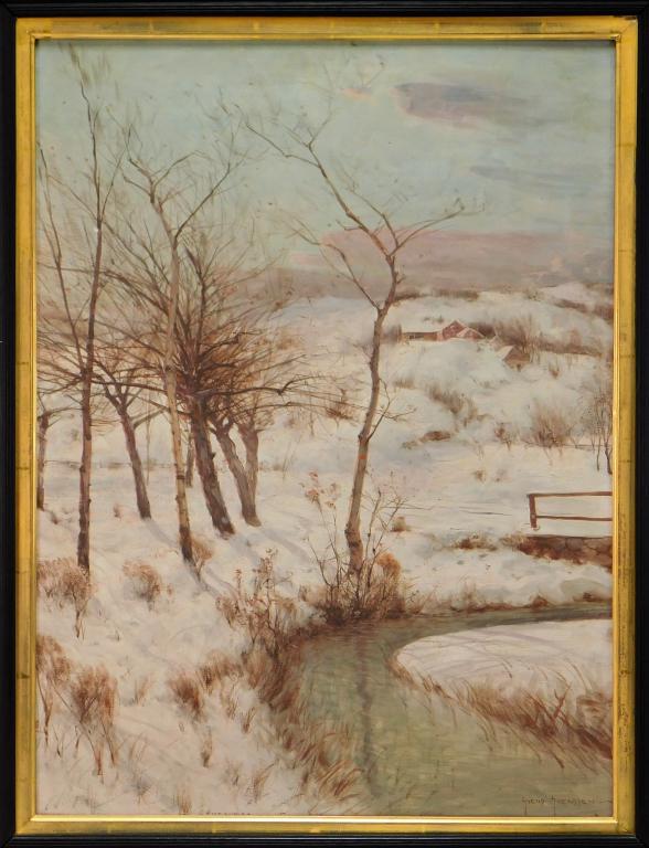 Svend Svendsen O/C Winter Landscape Painting: Svend Rasmussen Svendsen Norway,1864-1945 Impressionist depiction of a a snow covered stream with red farmhouse in the background. Oil on canvas,Canvas 24" x 18".Frame 26 1/4" x 32 1/8" Signed "Svend