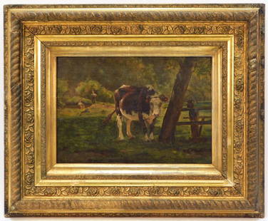 Jules Didier Impressionist Cow Painting: Jules Didier France,1831-1892 Depicts a spotted brown cow in the shade near a picnic table as a family enjoys the day by the watering hole. Oil on board,Board 9" x 13".Frame 16 5/8" x 20 1/8" Signed