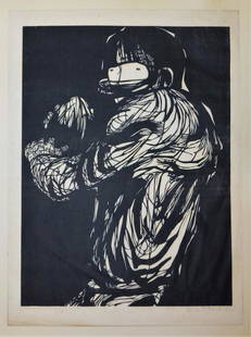 Leonard Baskin Football Woodblock Print: Leonard Baskin Massachusetts,1922-2000 Unnumbered edition in original folio with artist resume to inner flap. Woodblock on paper,Impression area 17" x 12 3/4".Folder 24" x 18" Signed "Leonard