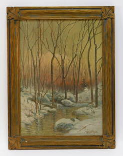C. Myron Clark Impressionist Landscape Painting: C. Myron Clark Massachusetts,1858-1925 Winter forest scene depicting bare snow covered trees along an icy river at dawn. Oil on board,Board 14 1/2" x 10".Frame 16 3/4" x 12 3/4" Signed "C. Myron