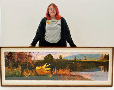Conley Harris Autumn Fall Landscape Painting: Conley Harris United States,b.1943 Impressionist landscape depicting lush fall foliage beside a pond under a blue-pink sky. Watercolor on paper,Sight 24 1/2" x 80".Frame 30" x 85 1/2" Signed "C.
