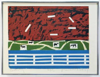 1964 Modern Abstract Kentucky Horse Silkscreen: United States,20th Century Bold red, green, and blue planes of color broken up by bold lines of white and black with horses outlined by stark white boxes. Lithograph on paper,Image area 15 5/8" x 20