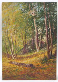 William Paskell Impressionist Landscape Painting: William Paskell Massachusetts,1866-1951 Depicts a small clearing in the forest blanketed by leaves illuminated by light filtering through the surrounding trees. Oil on board,13 7/8" x 9 3/4". Signed