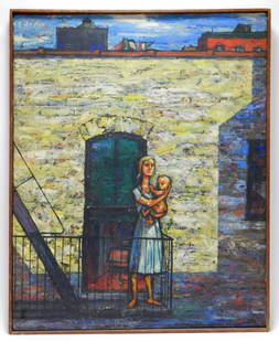 Samuel Norkin Social Realist City Mother Painting: Samuel Norkin New York,1917-2011 Depicts a blonde woman holding a baby on a fire escape looking off into the distance. Samuel Norkin is best known for his illustrations featured in the Philadelphia