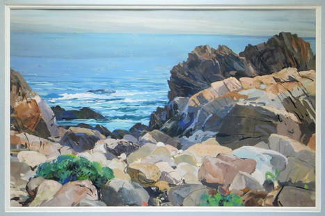 Ottmar von Fuehrer Impressionist Seascape Painting: Ottmar von Fuehrer Pennsylvania, Austria,1900-1967 Depicts a view of the ocean from atop a towering rocky coastline. Gouache on paper,Sight 23 1/4" x 36 1/4".Frame 35 5/8" x 48 5/8" Signed "O. F.