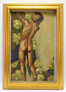 Austrian School Child Picking Flowers Painting: Austria,Early 20th Century Depicts a young naked boy facing away from the viewer surrounded by yellow roses. Oil on board,Board 22 3/8" x 14 1/4".Frame 26" x 18 3/8" From the collection of a
