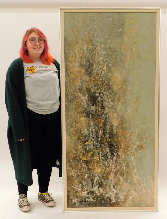 Kasugai Masayosha Abstract Expressionist Painting: Kasugai Masayosha Japan,b. 1921 Abstract composition comprised of tan, black, and white splatter over gray field. Oil on board,Board 67" x 31".Frame 69 1/2" x 33 1/2" Signed lower left. From the colle