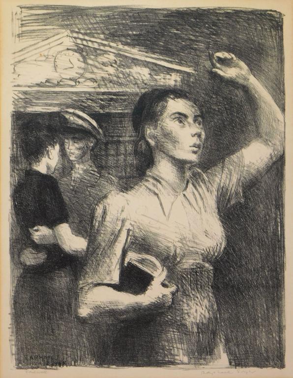 Raphael Soyer Social Realist Farewell Etching: Raphael Soyer New York,1899-1987 Depicts a young woman looking into the distance with another young woman and soldier embracing behind her. Etching on paper,Impression area 16" x 11 1/2".Frame 25 3/4"