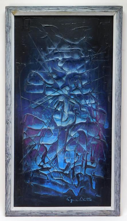 Eugene Winters Abstract Expressionist Painting: Eugene Winters Austria, United States,1904-2001 Abstract expressionist composition of various blues and white with thick vein texture. Winters was a noted multidisciplinary artist focused in abstract 