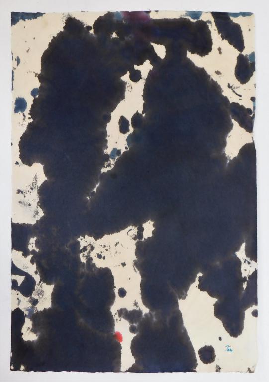 Taro Yamamoto Abstract Expressionist WC Painting: Taro Yamamoto California, Connecticut, New York,1919-1994 Untitled expressionist composition of thick black soak stain with faint splatter of red and blue. Watercolor on paper,25" x 16 7/8". Signed "T