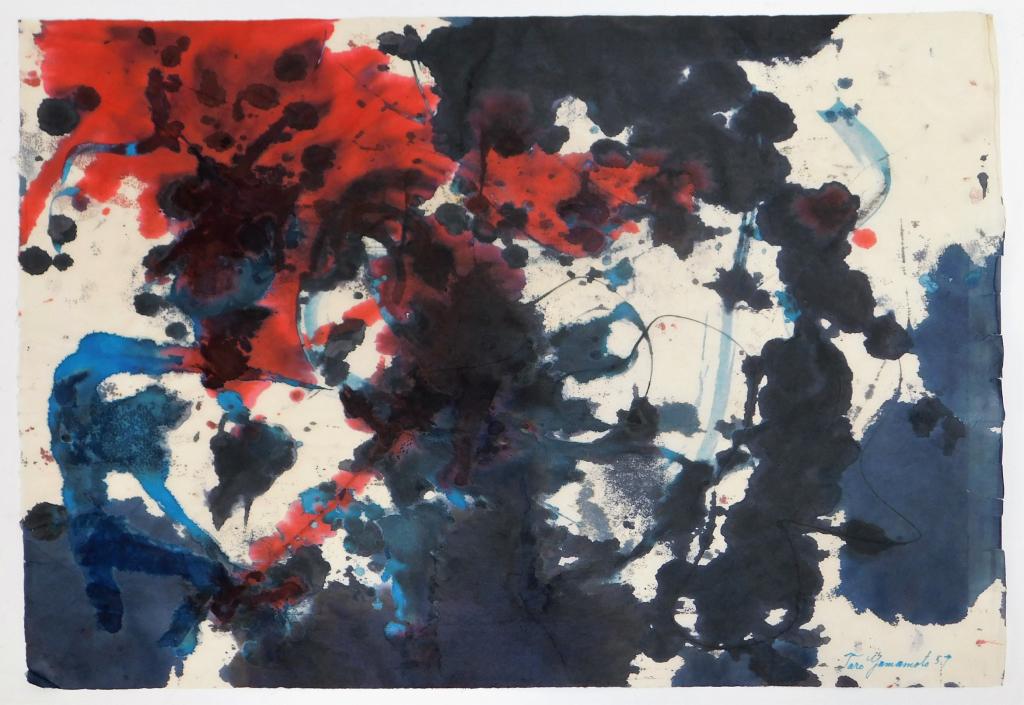 Taro Yamamoto Abstract Expressionist WC Painting: Taro Yamamoto California, Connecticut, New York,1919-1994 Untitled expressionist composition of black, red, and blue splatter with mottled soak stain. Watercolor on paper,17" x 24 5/8". Signed and dat