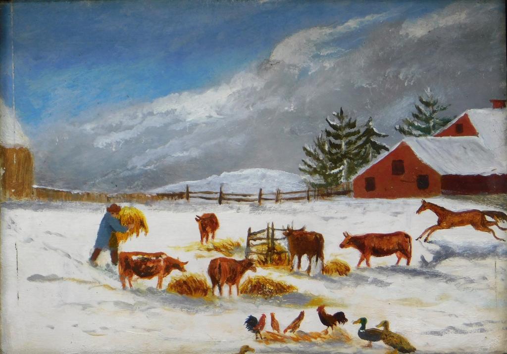 19C American Folk Art Winter Farm Scene Painting: United States,19th Century Depicts a pasture blanketed in snow with farm animals rushing to greet the farmer carrying fresh hay. Oil on paper,Sight 5 3/8" x 7 3/8.Frame 8 1/4" x 10 1/4" From the colle
