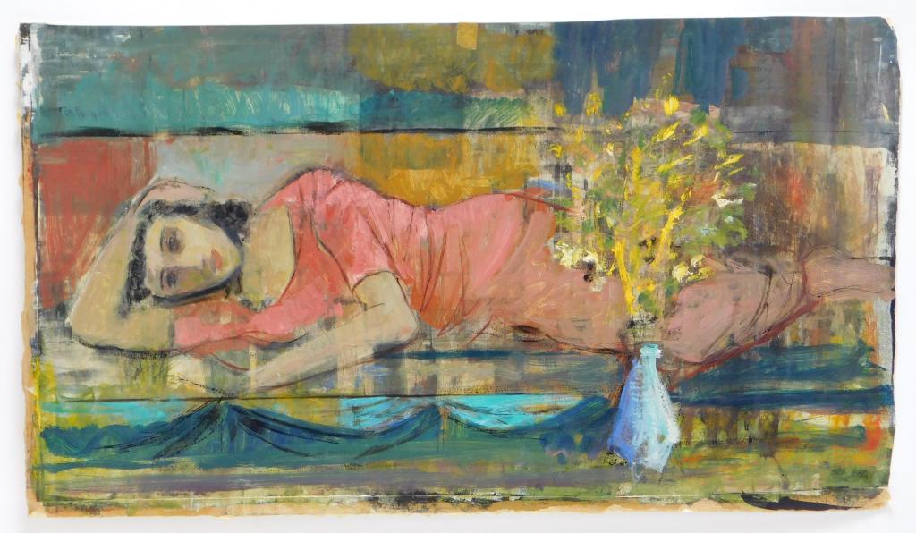 Gordon Steele Modernist Lounging Woman Painting: Gordon Steele New York,1906-1961 Depicts a woman dressed in pink laying across a couch partially blocked by a bouquet of yellow flowers. As an artist Gordon Steele had a prolific career in Upstate New