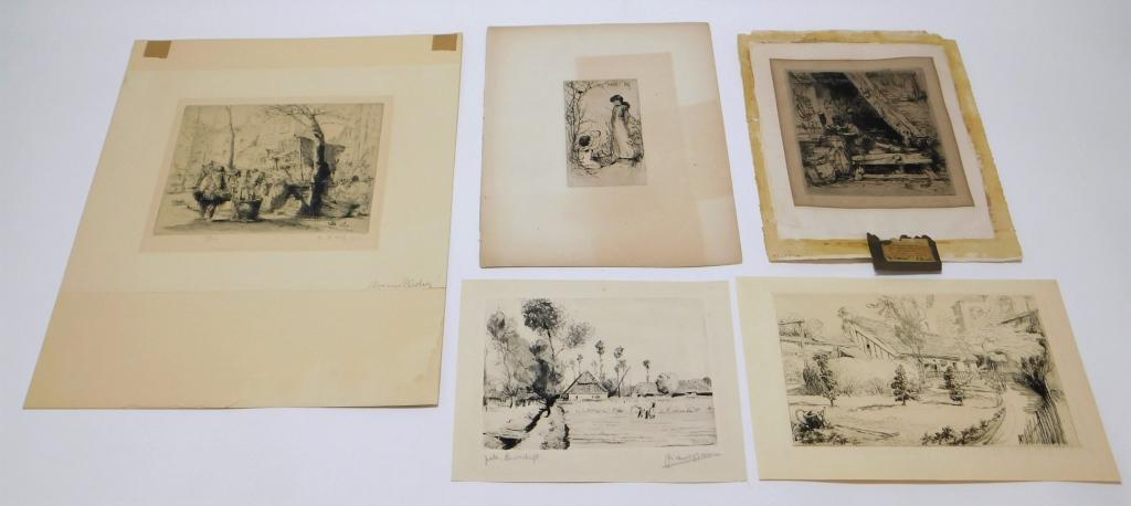 5PC Market & Landscape Etching Group: Europe,Late19th-Early 20th Century Includes "Salpetriere Maison le Concierge" by Ernest-Marie Herscher, "Market Day" by Frederick Stuart Church, "The Cobblers" 21/75 by Auguste Brouet, "Avenue de Clic