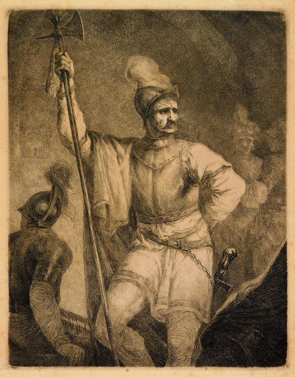 18C European Soldier Standing Guard Etching: Europe,18th Century Realistic depiction of a gentleman with a mustache wearing a plumed helmet standing in a casual pose. Deaccessioned from the collection of the Huntsville Museum of Art, proceeds to