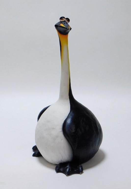 Todd Warner Ceramic Penguin Sculpture: Todd Warner United States,b.1945 Surreal, cartoon penguin with bulging eyes, elongated neck, and squat rotund body. Pottery,14" x 8 1/2" dia.. Signed, dated, and numbered "Todd J. Warner 1999 44/250"