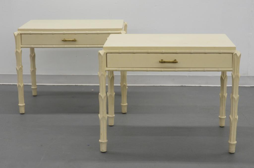 PR Hollywood Regency Faux Bamboo White Side Tables: United States,Circa 1970 Rectangular top over one drawer with bamboo carved molding supported by palmette legs. Wood,30 1/2" x 20 1/4" x 25 1/4". From the collection of a Fox Point, Rhode Island lady.