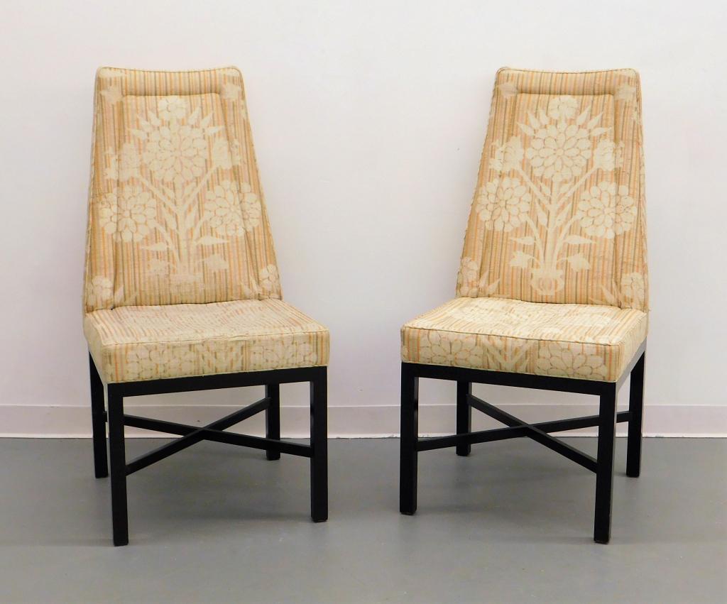 2 Edward Wormley for Dunbar Chairs: Edward Wormley Illinois, Connecticut,1907-1997 Pair of high back chairs upholstered in Jack Lenor Larsen fabric in pattern Dunbar Dahlias Colorway Mother of Pearl Thaibok Siamese Brocade. Wood, fabric