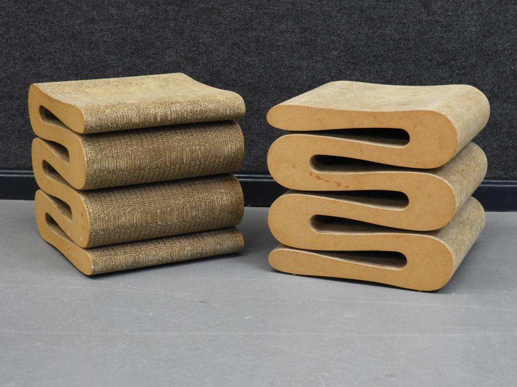 PR Frank O. Gehry Wiggle Cardboard Stool: Frank O. Gehry United States/ Canada,b. 1929 The Wiggle Stool is part of Frank Gehry's 1972 furniture series 'Easy Edges'. Cardboard,17" W x 15 1/4" D x 15 3/4" H. From a Cranston, Rhode Island gentle
