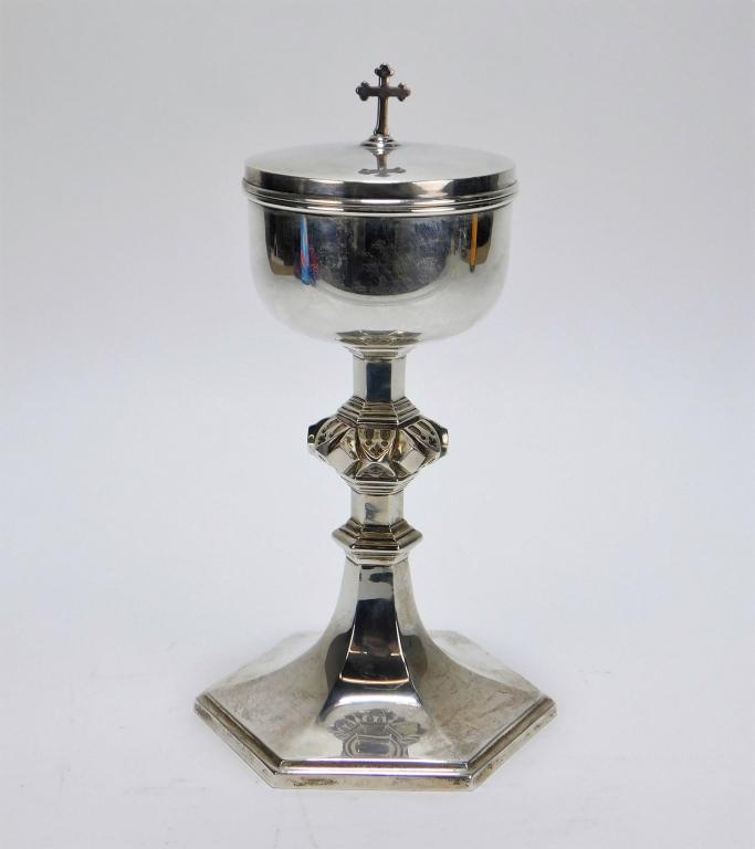 Gorham Sterling Silver Ciborium: Rhode Island,20th Century Flat lid with cross finial over wide bowl supported by angular stem and foot. Weight as seen 15.5 ozt. Sterling silver,Approx. 10 1/4" x 6" dia.. Marked "Gorham Sterling" on 