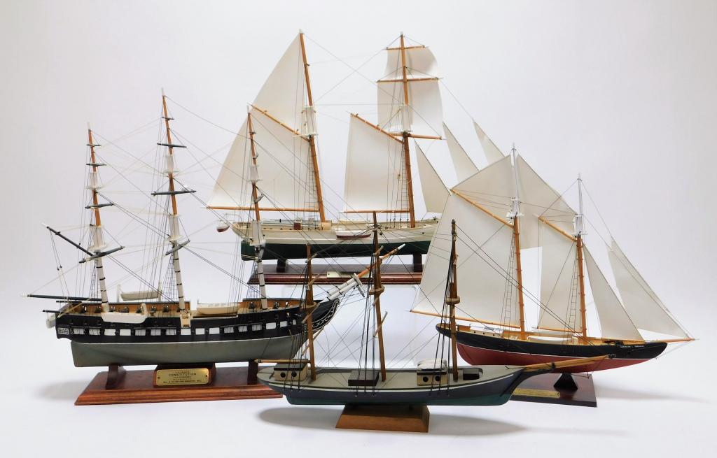 4PC Piel Craftsmen & Down East Ship Models: Massachusetts, Maine,20th Century Includes a model of Gertrude L. Thebaud launched 1930 in Essex, Massachusetts and the USS Constitution, also known as Old Ironsides, built in 1797 in Boston, and a mo