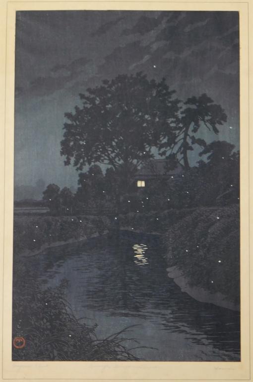 Kawase Hasui Minuma River in Omiya Woodblock Print: Kawase Hasui Japan,1883-1957 Depicts a nocturnal scene of a house on a river with a single yellow light on with fireflies surrounding the area, part of the One Hundred Views of New Tokyo series. Woodb