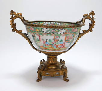 19C Chinese Rose Medallion Ormolu Center Bowl