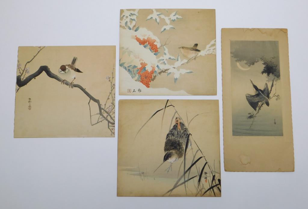 4PC Assorted Japanese Bird Woodblock Prints: Japan,Late 18th- Early 20th Century Includes Sparrow on a Plum Branch by Koson Ohara 1877-1945, Kingfisher and Crescent Moon by Gesso Yoshimoto 1881-1936, Snipe in Marsh by Seiko active 1890-1900, and
