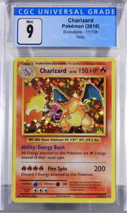 2016 Pokemon Evolutions Charizard Holo CGC 9: United States,2016 2016 Pokemon Evolutions Charizard holographic trading card, CGC 9 Mint. CGC case 5 1/4" x 3"