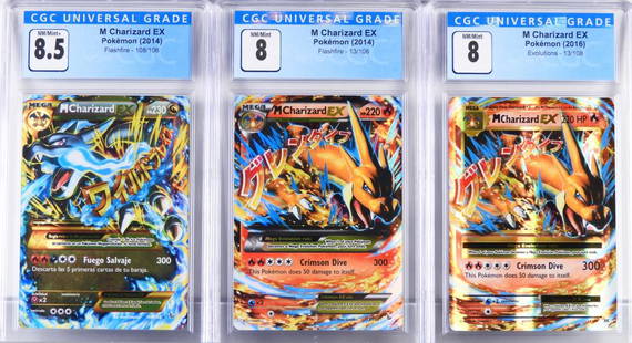 3 Pokemon Flashfire Evolutions M Charizard EX CGC: United States,2014-2016 Group includes 2014 Pokemon Flashfire M Charizard EX 13/106 (CGC 8), M Charizard EX 108/106 (CGC 8.5), and 2016 Evolutions M Charizard EX 13/108 (CGC 8) trading cards. CGC case