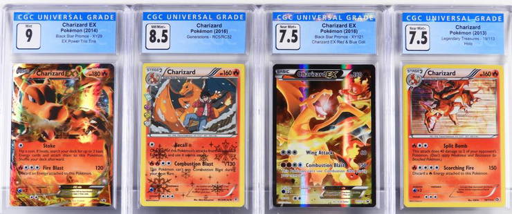 4PC Pokemon Charizard CGC Trading Card Collection: United States,2013-2016 Group includes 2013 Pokemon Legendary Treasures Charizard 19/113 (CGC 7.5), 2014 Black Star Promos Charizard EX XY29 (CGC 9), 2016 Generations Charizard RC5/RC32 (CGC 8.5),