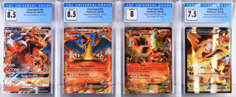 4PC Pokemon Charizard EX GX CGC Trading Card Group: United States,2014-2017 Group includes 2014 Pokemon Black Star Promos Charizard EX XY17 (CGC 8.5), 2014 Black Star Promos Charizard EX XY29 (CGC 8), 2016 Black Star Promos Charizard EX XY121 (CGC 7.5)