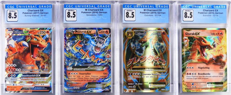 4PC Pokemon Charizard EX GX CGC Trading Card Group: Germany,2016-2017 Group includes 2016 German Pokemon Evolutions Charizard EX 12/108 (CGC 8.5), Evolutions M Charizard EX 101/108 (CGC 8.5), Generations M Charizard EX (CGC 8.5), and a 2017 Burning Sha