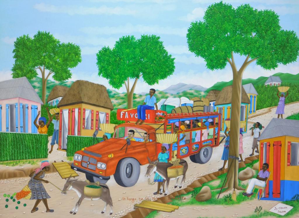 Jean Claude Severe Haitian Folk Art Painting: Jean Claude Severe,Haiti,20th Century Depicts a red bus packed with passengers and their belongings while a woman tries to wrangle one of her donkeys. Severe studied under Philome Obin, a prolific Hai