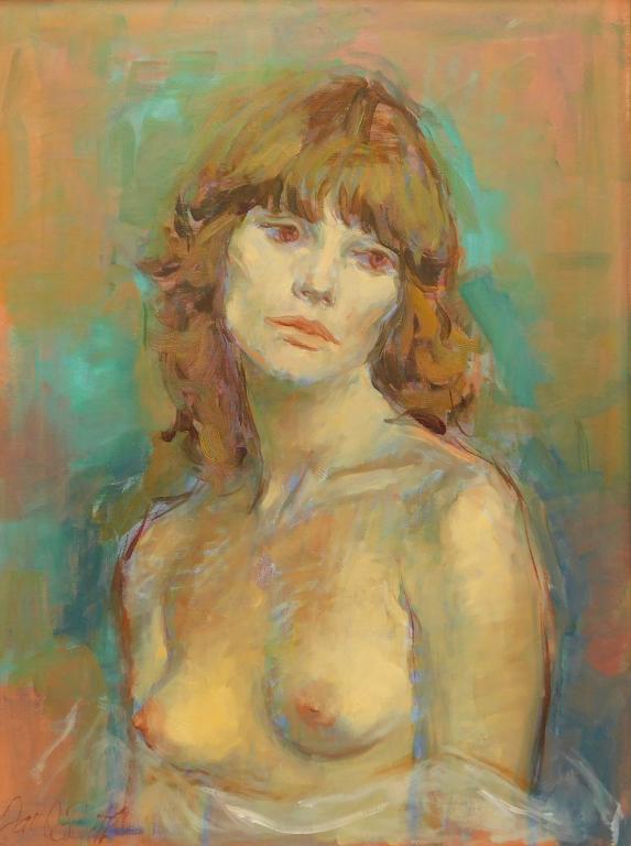 Jan De Ruth Nude Figure Portrait Painting: Jan De Ruth,New York, Czech Republic,1922-1991 Depicts a young brunette woman gazing to the side with gauzy fabric gathered beneath her bare chest. Oil on canvas,Canvas 24" x 18",Frame 33 1/2" x 27 1/