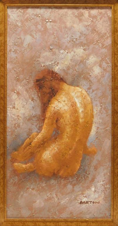 Donald Barton Impressionist Female Nude Painting: Donald Barton,Massachusetts,1903-1990 Impressionist painting depicting the back view of a seated female nude. The work exhibits influence from Edgar Degas (1834-1917) in style and subject matter. Oil 