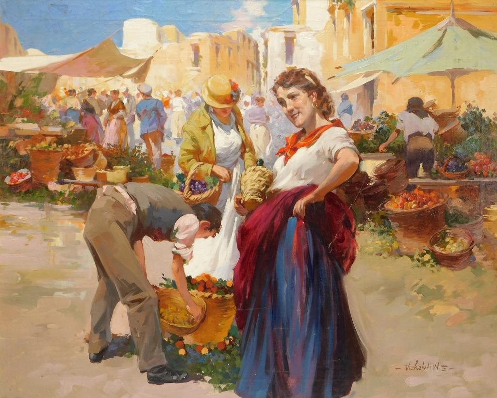 Witman Etelka Vizkeleti Market Scene Painting: Witman Etelka Vizkeleti,Hungary,1882-1962 Depicts a woman in a red and blue skirt posing in front of baskets of flowers at a bustling marketplace. Oil on canvas,Canvas 24" x 30",Frame 30" x 35 3/4" Fr