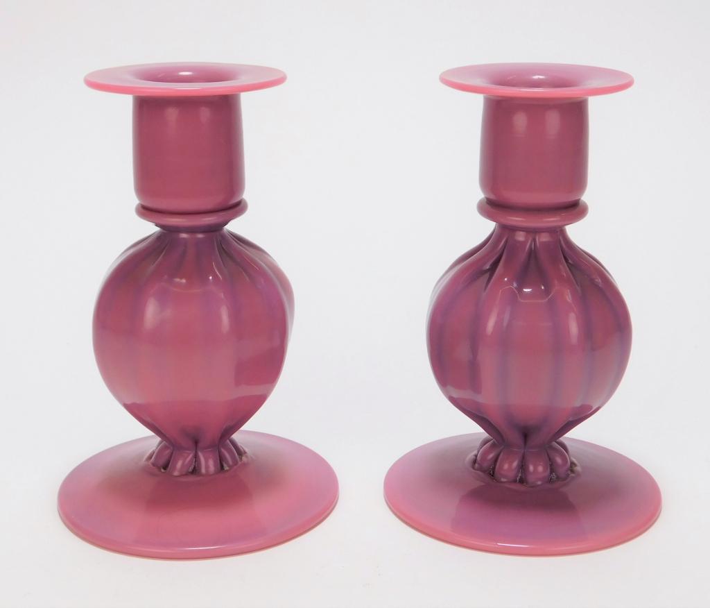PR Peach Blow Art Glass Candlesticks (1 of 4)
