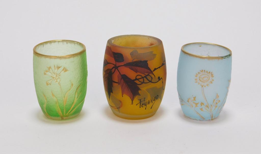 3PC Daum France & Peynaud Glass Cordials: ,France,Late 19th Century- 20th Century Includes a pale blue and green Daum France glass cordials decorated with gilded flowers, and a Peynaud yellow cordial decorated with leaves and vines. Glass,Sma