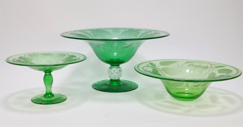 3PC Pairpoint Green Glass Center Bowls (1 of 7)