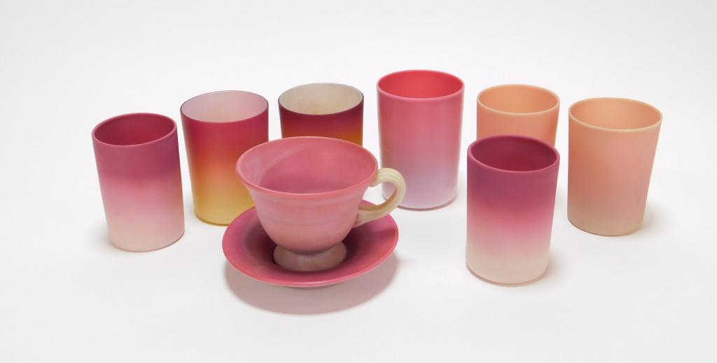9PC Peach Blow Satin Glass Drinkware Group (1 of 6)