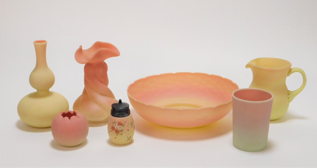 7PC Peach Blow Satin Glass Vase & Tableware Group (1 of 6)