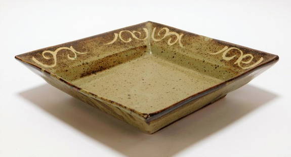 Tatsuzo Shimaoka Ceramic Center Plate: Tatsuzo Shimaoka,Japan,1919-2007 Earthtone deep dish square plate with decorative tendril patterns at each corner. Pottery,2 3/4" t x 11 1/2" w x 11 1/2" d, From the collection of a North Scituate, Rh