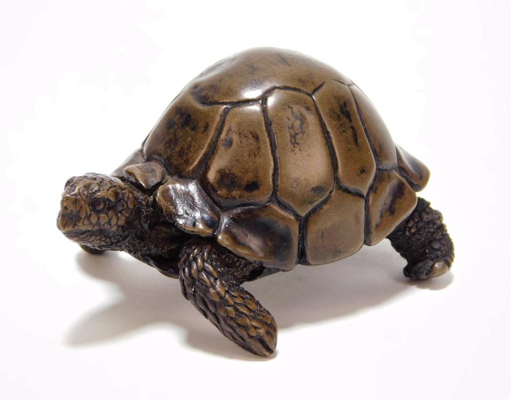 19C Japanese Okimono Netsuke Bronze Tortoise: ,Japan,19th Century Realistic tortoise with ornate skin texture and facial features. Bronze,1 3/8" t x 1 3/4" w x 2 5/8" d, From the collection of a North Scituate, Rhode Island gentleman. Signed on u