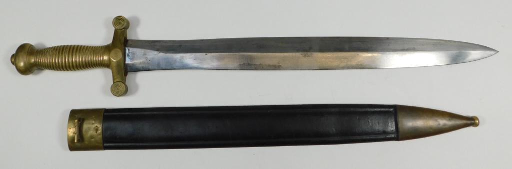 French Model 1831 Artillery Sword and Scabbard: France,C. early to mid 19th century Cast-brass hilt, steel double edged blade, and a leather scabbard with brass throat and tip. Blade lg. 19 3/16".Overall lg. 25 1/4" From the collection of a Bristol