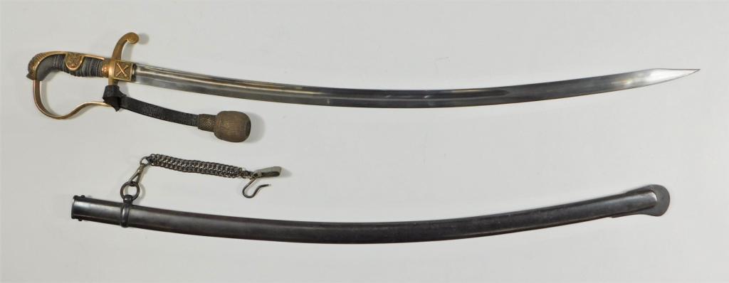 Imperial German Artillery Officers Sword: ,C. early 20th century Brass hilt with a lion pommel, foliate designs, P-shaped knuckle bow, crossed cannon on the langet, brass wire-wrapped shagreen grip, steel blade with Imperial stamps on the spi